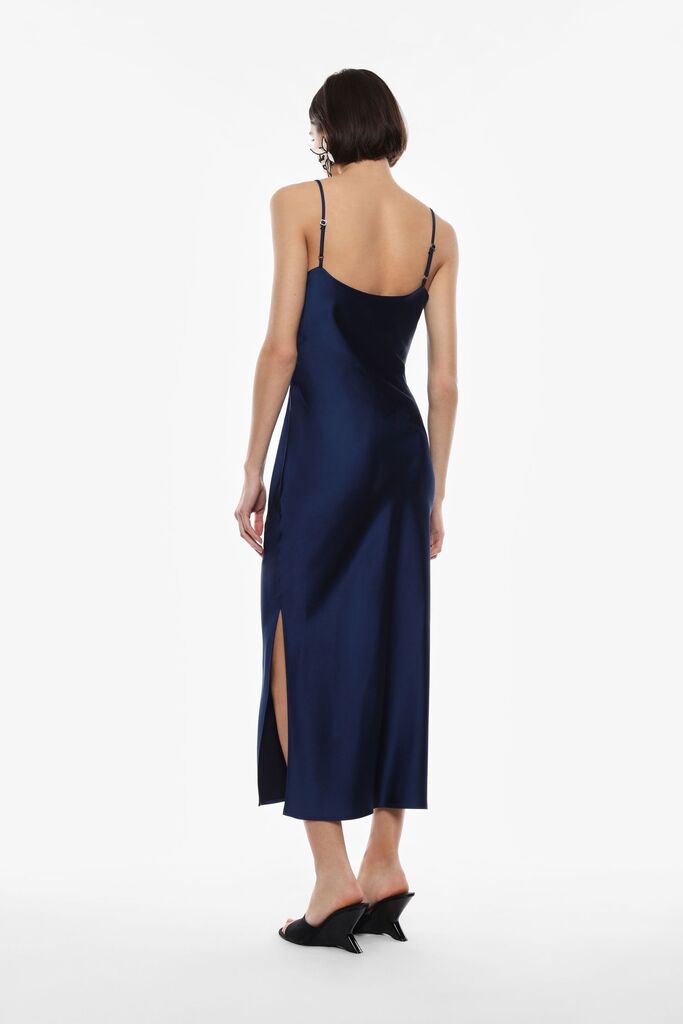 Navy Drape Midi Dress with Spaghetti Straps