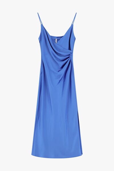 Azure Draped Midi Dress with Spaghetti Straps