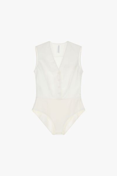 Ivory Structured Sleeveless Bodysuit with Button Detail