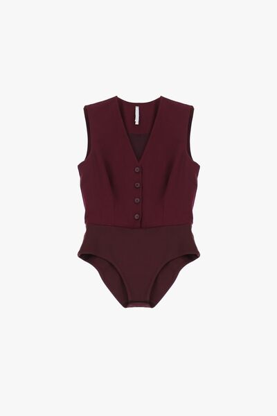 Burgundy Buttoned Bodysuit with Tailored Vest Design