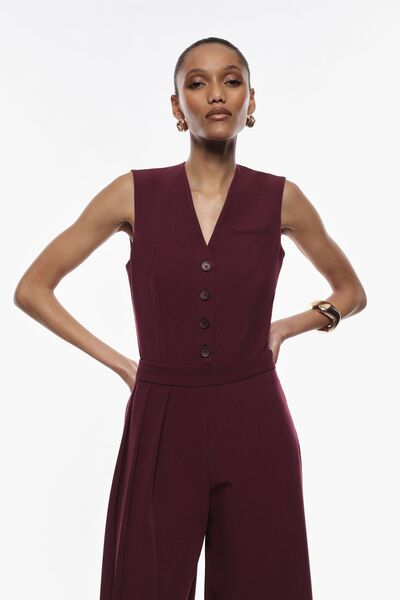 Burgundy Buttoned Bodysuit with Tailored Vest Design