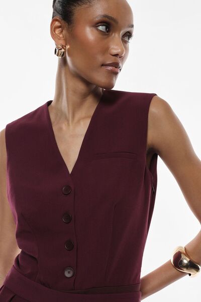 Burgundy Buttoned Bodysuit with Tailored Vest Design