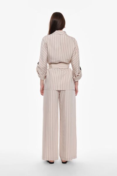 Beige Striped Wide-Leg Trousers with Elastic Waist