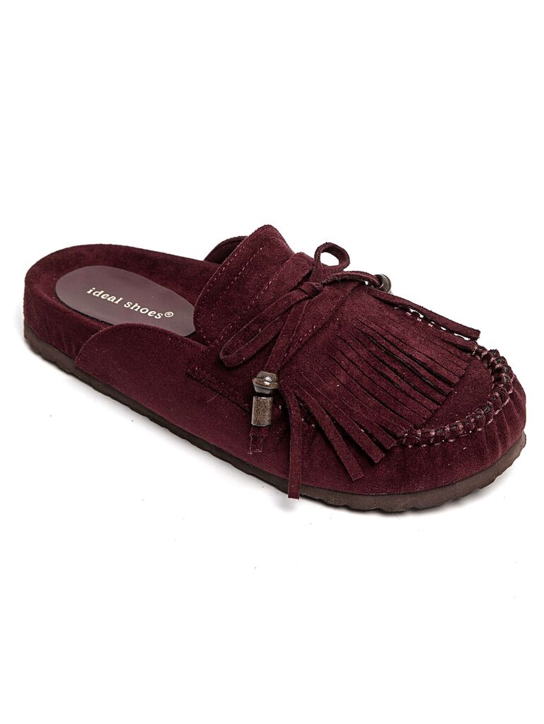 Burgundy Suede Slip-On Moccasin with Fringe Detail