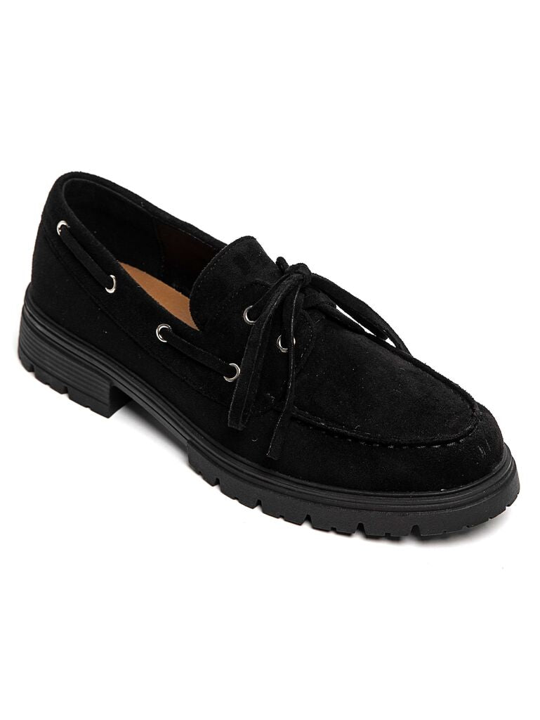 Black Suede Loafer with Lace-Up Detail