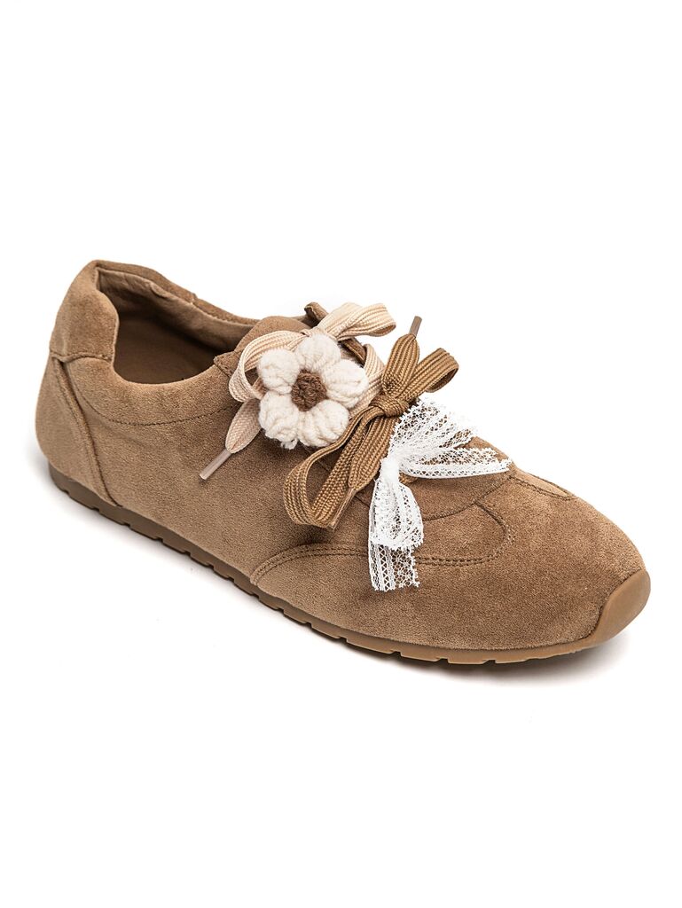 Brown Suede Flats with Floral Lace Detail