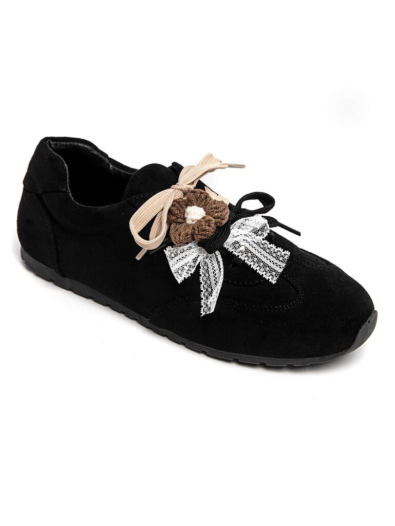 Black Suede Shoes with Lace Bow Detail