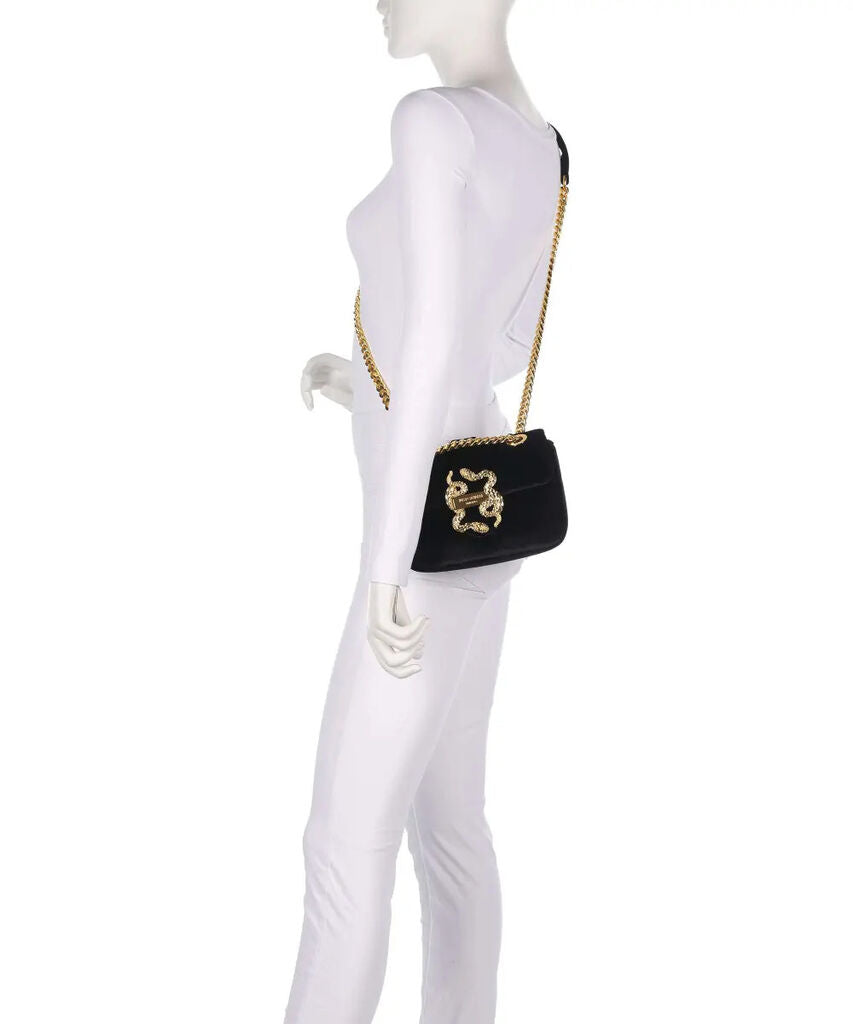 Black Velvet Shoulder Bag with Gold Snake Detail