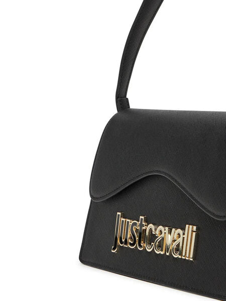 Black Structured Leather Handbag with Logo Accent
