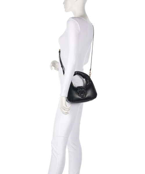 Black Embellished Leather Bag with Braided Detail