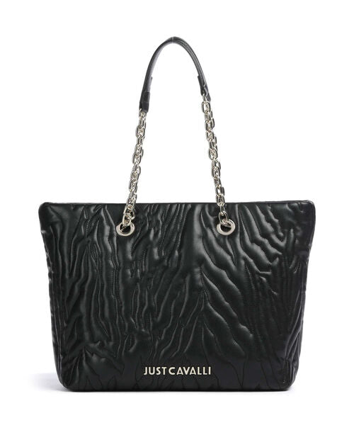 Black Textured Tote Bag with Chain Handles