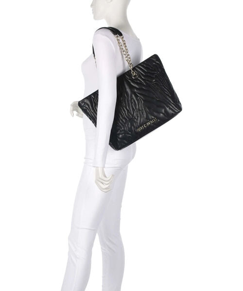 Black Textured Tote Bag with Chain Handles