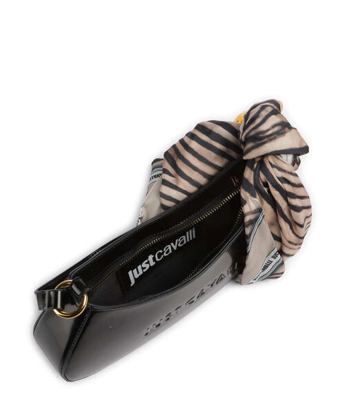 Black Patent Shoulder Bag with Animal Print Scarf