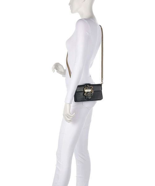 Black Leather Crossbody Bag with Snake Accent