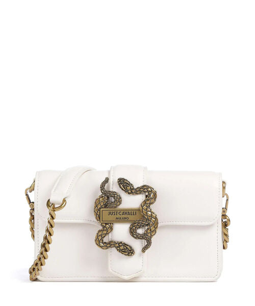 White Leather Crossbody Bag with Snake Accent