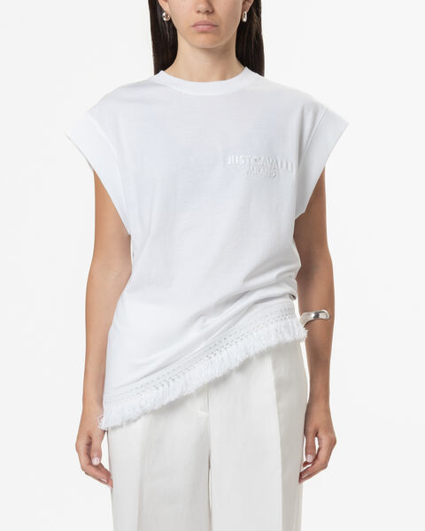 White Cotton T-Shirt with Fringe Hem