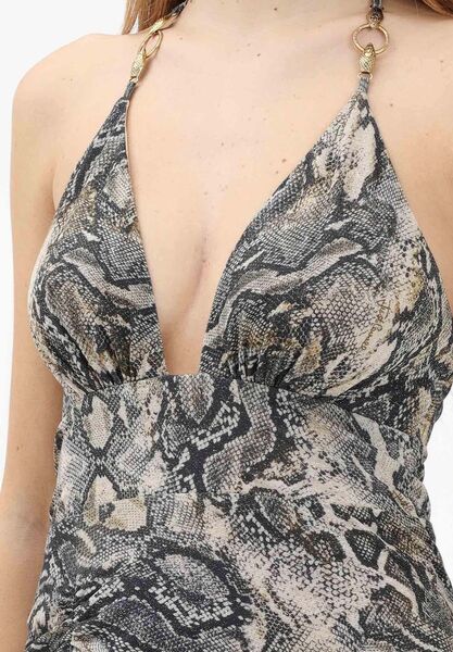 Gray Snake Print Dress with Plunging Neckline