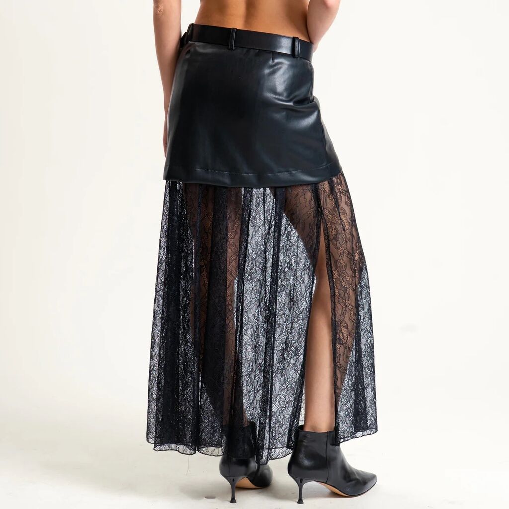 Black Lace Overlay Faux Leather Skirt