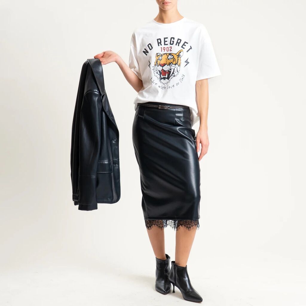 Black Faux Leather Midi Skirt with Lace Hem