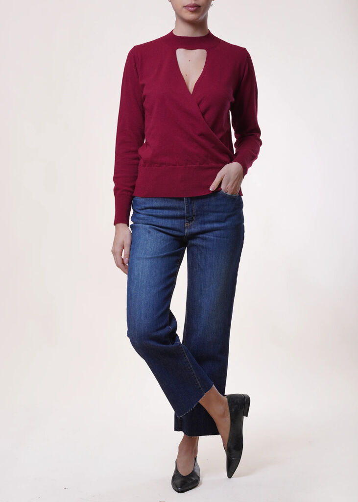 Red Knit Sweater with Keyhole Detail