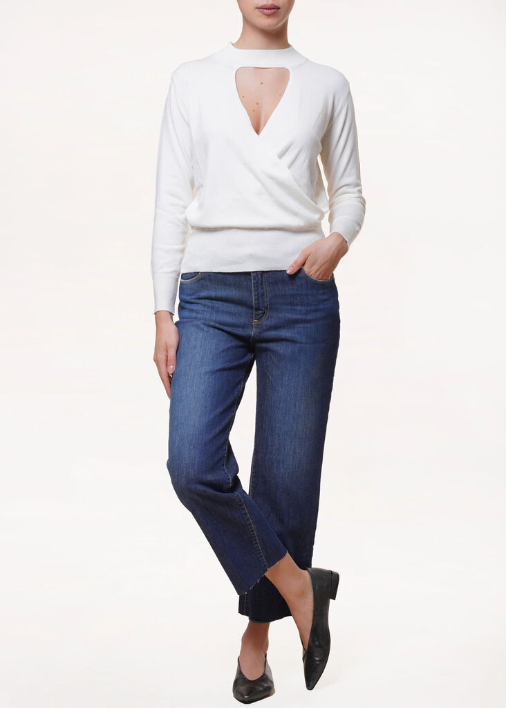 Elegant White Sweater with Keyhole Detail