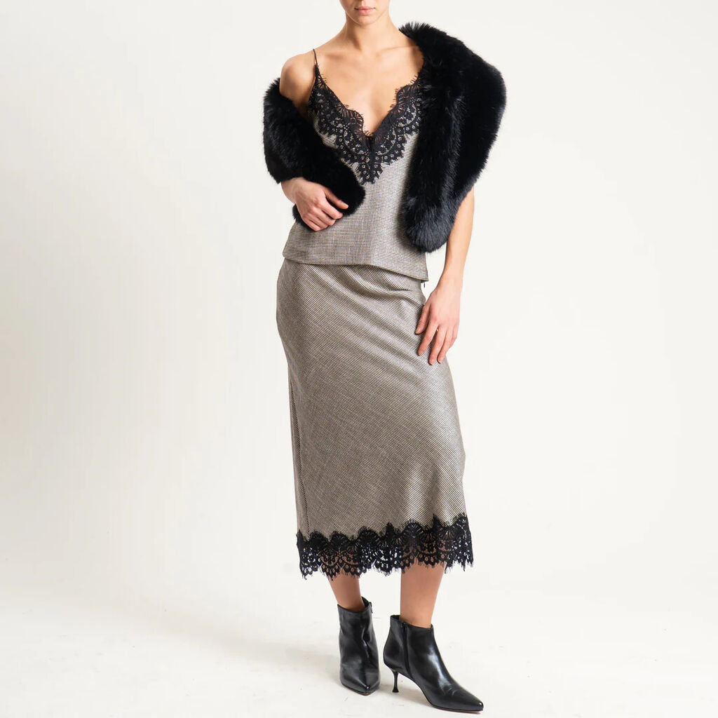 Grey Textured Midi Skirt with Lace Hem