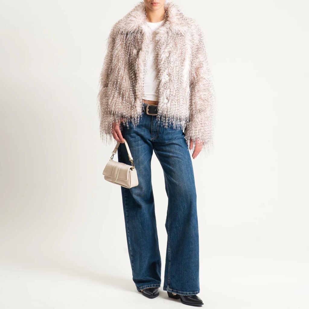 Ivory Textured Faux Fur Jacket with Wide Collar