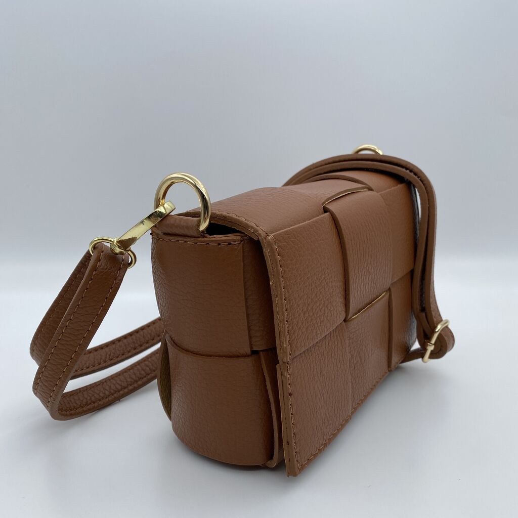 Tan Woven Crossbody Bag with Gold Accents