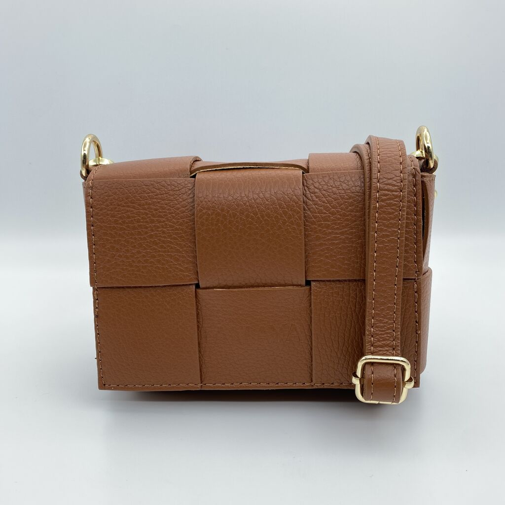 Tan Woven Crossbody Bag with Gold Accents