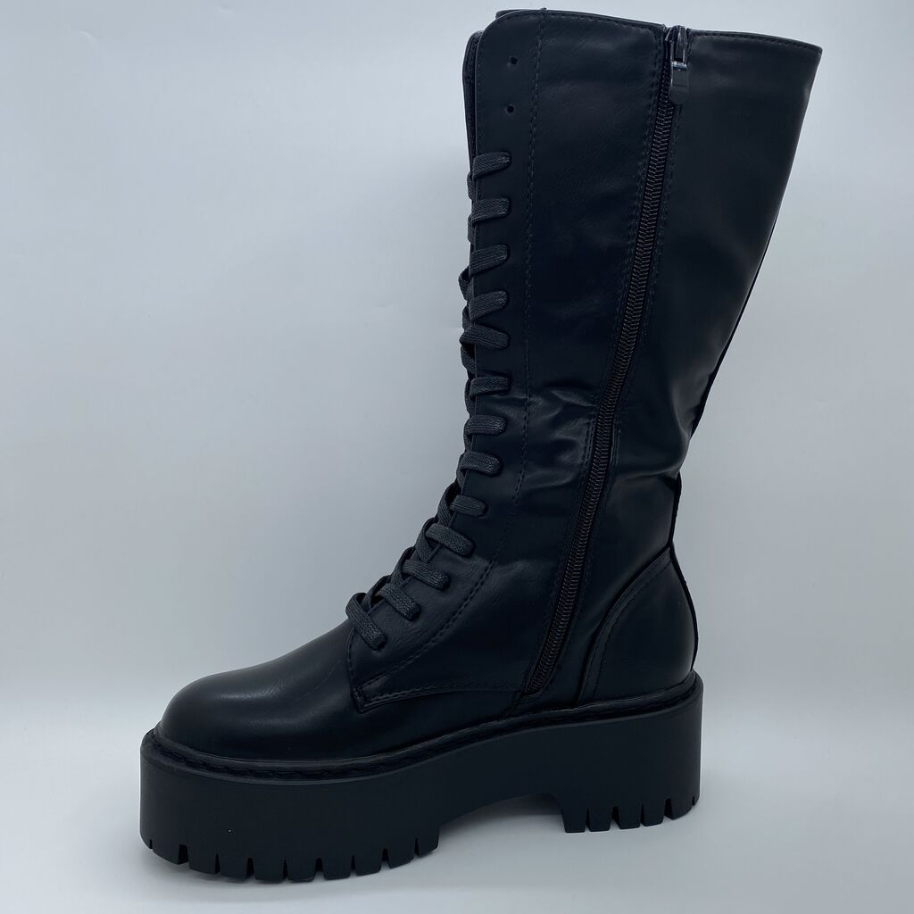 Black Platform Combat Boots with Lug Sole