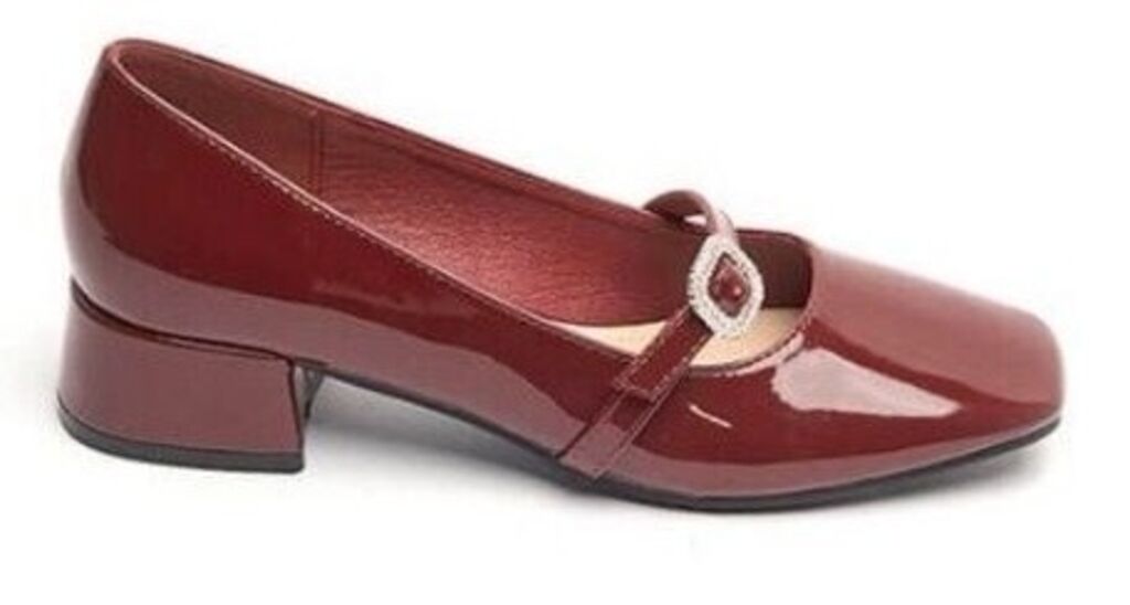 Red Patent Low Heel Shoe with Buckle Accent