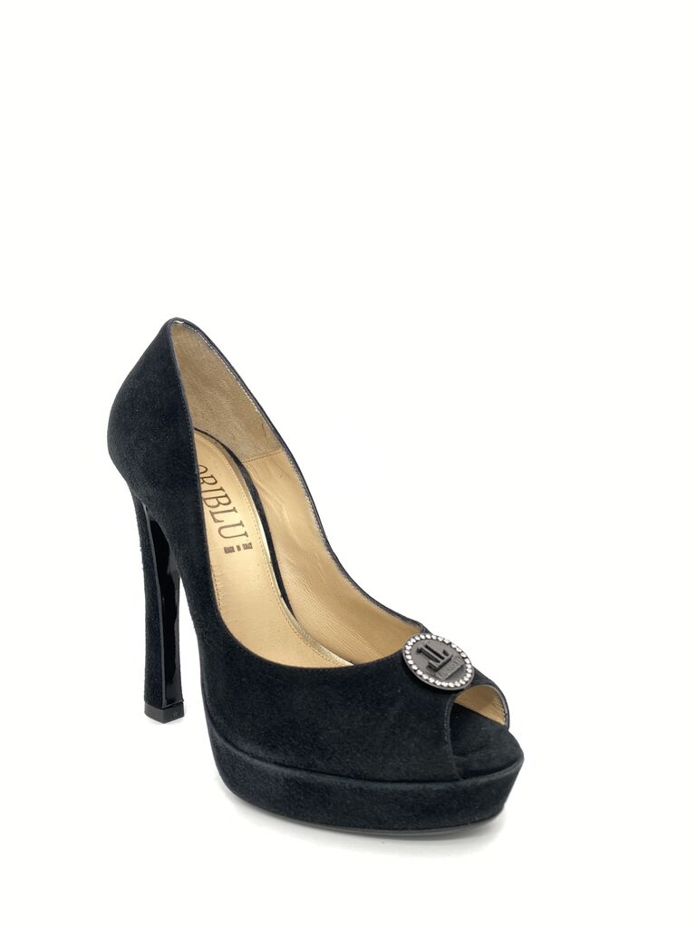 Black Velvet Peep Toe Pump with Embellished Detail