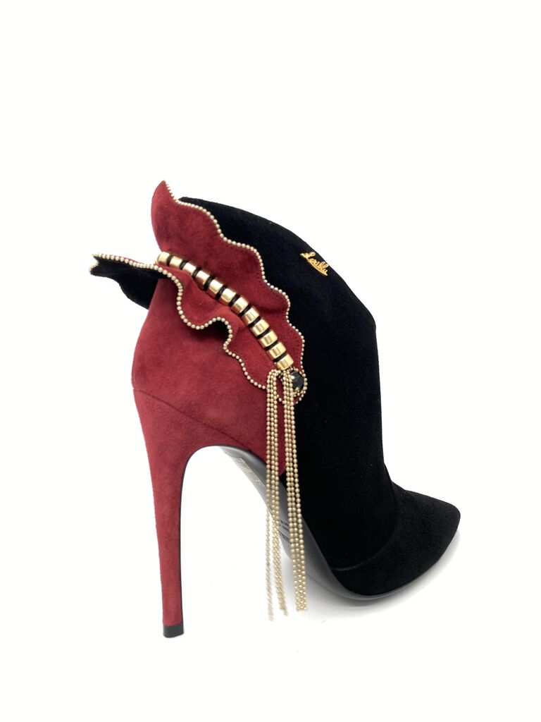 Black Suede Ankle Boot with Gold Accents