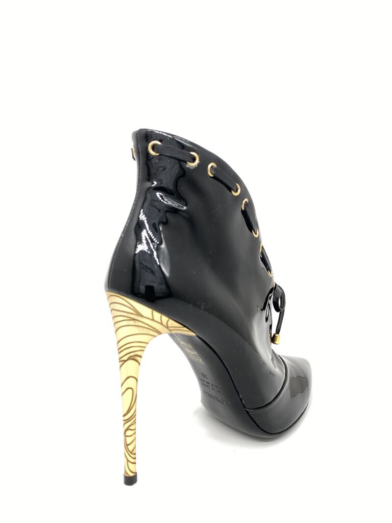 Black Patent High-Heel Ankle Boot with Gold Detail