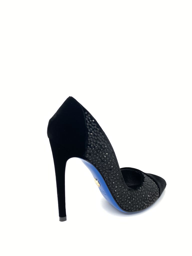Black Velvet Embellished Pumps with Stiletto Heel