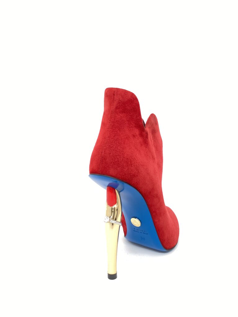 Red Suede Ankle Boots with Gold Heel