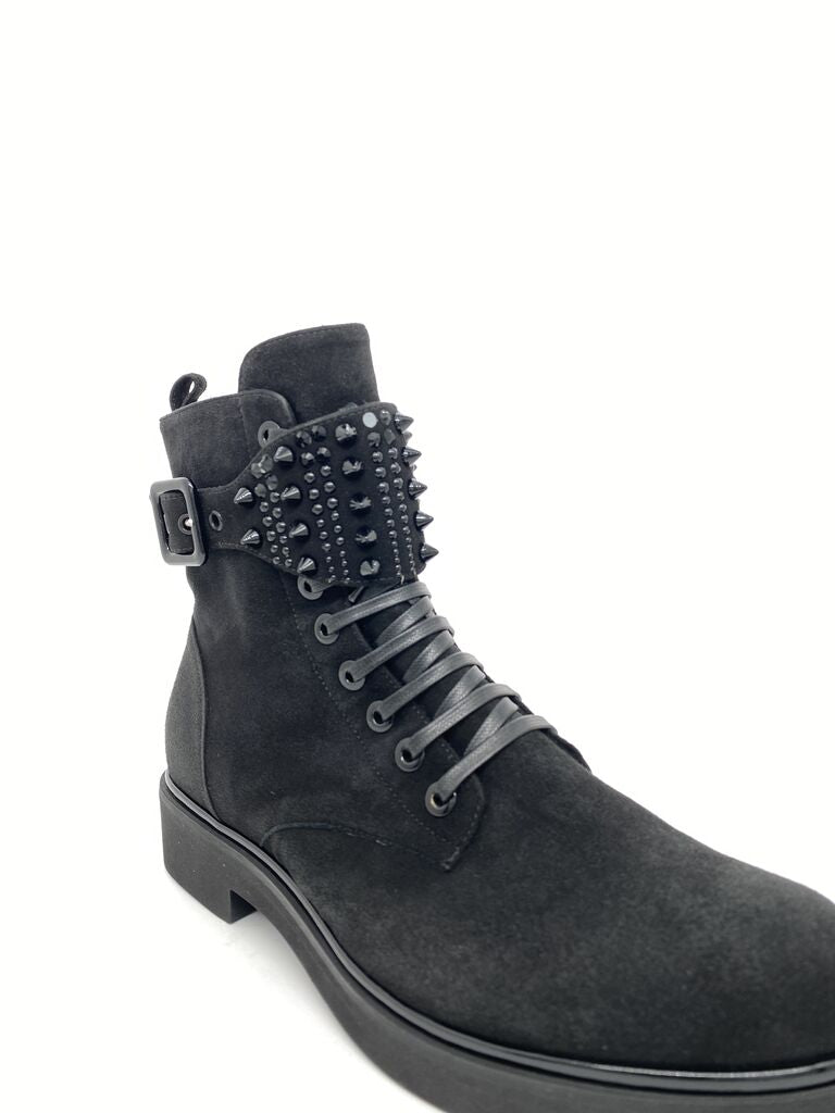 Black Suede Ankle Boot with Studded Strap