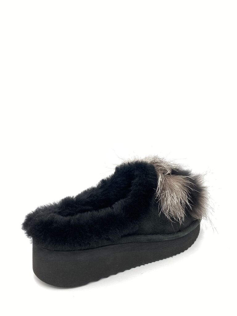 Black Plush Slide Slippers with Fluffy Accent