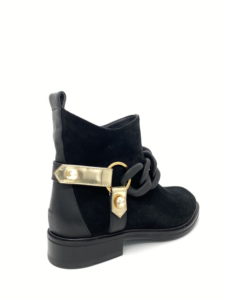 Black Suede Ankle Boots with Gold Chain Accent