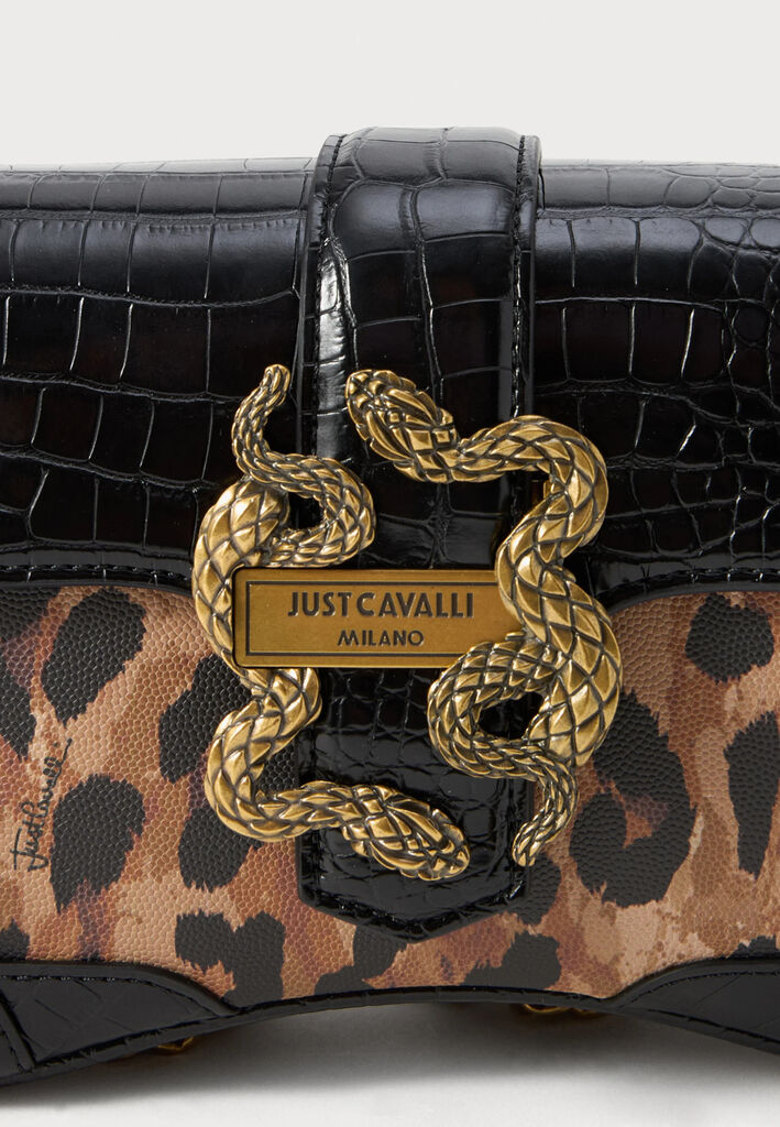 Black Croc-Embossed Shoulder Bag with Chain Detail