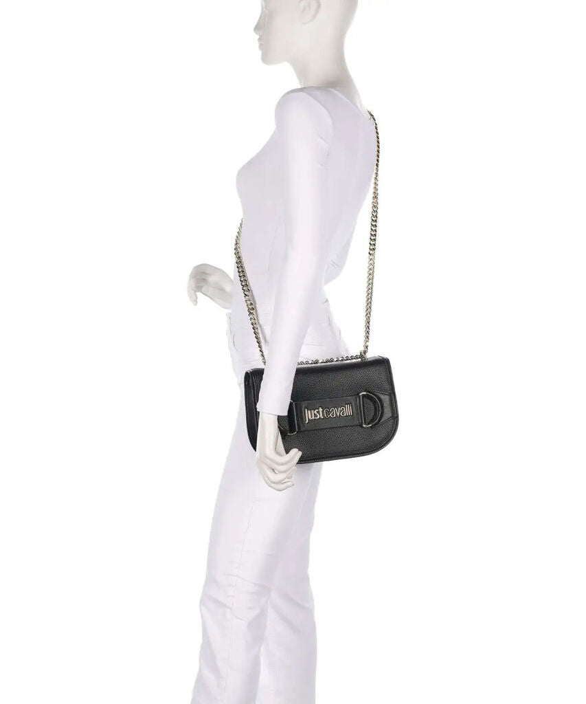 Black Textured Leather Crossbody Bag with Chain Detail