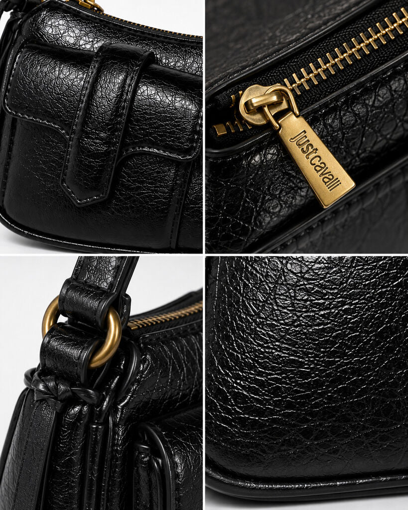 Black Textured Leather Shoulder Bag with Snake Detail