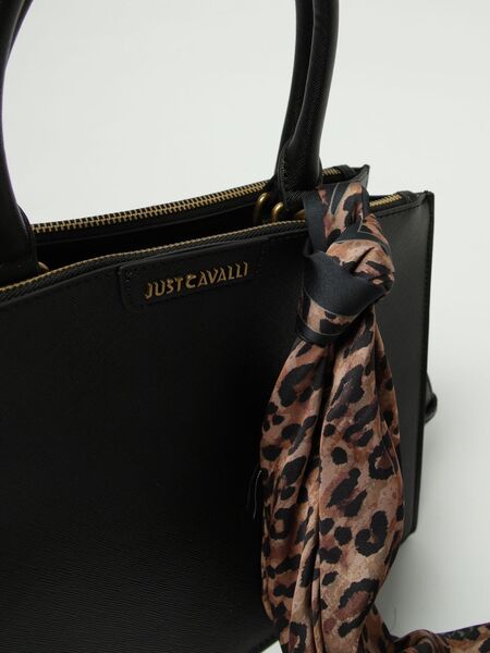 Black Textured Handbag with Animal Print Scarf