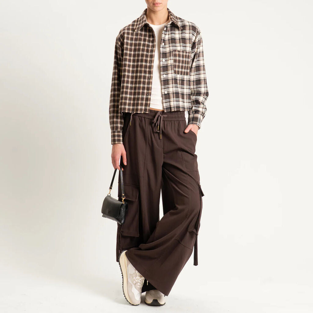 Chocolate Wide-Leg Cargo Pants with Drawstring Waist