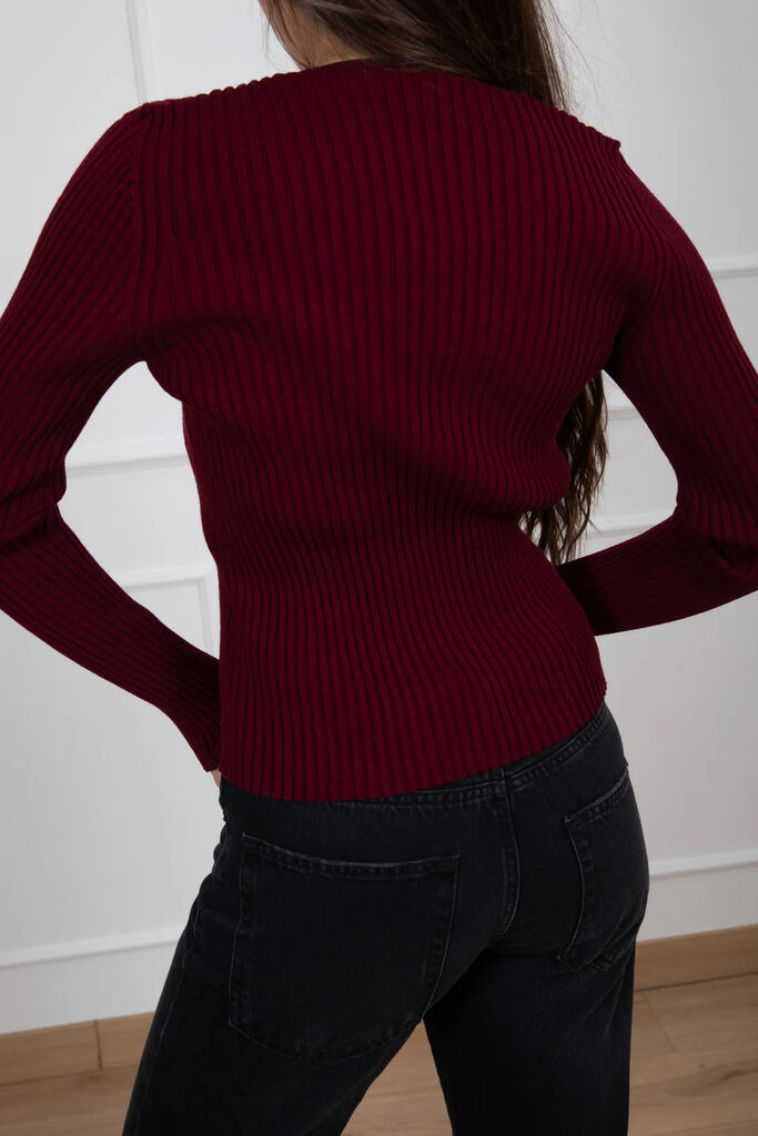Burgundy Ribbed Knit Top with Crisscross Neckline