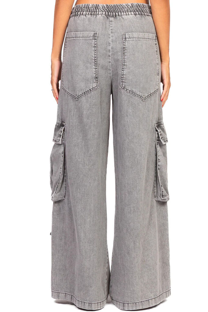 Gray Denim Cargo Pants with Wide Legs