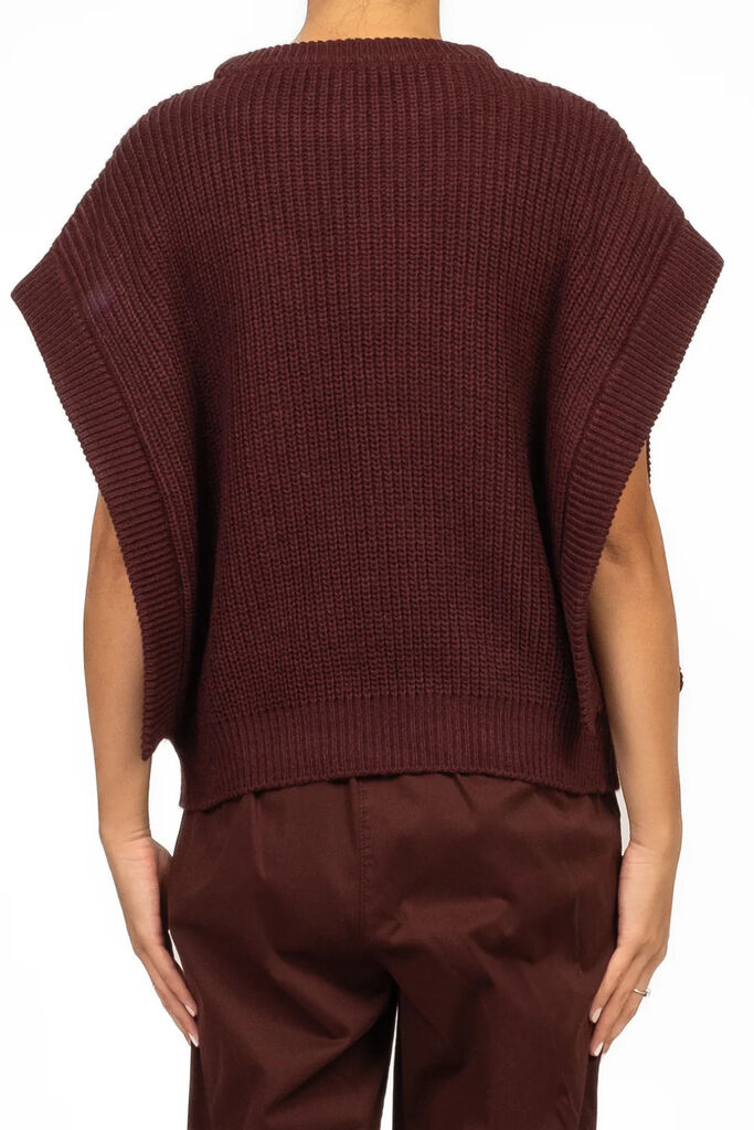 Burgundy Knit Sleeveless Sweater with Side Slits