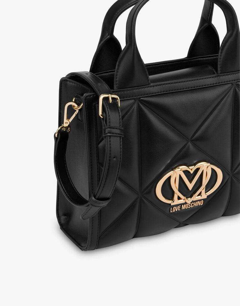 Black Quilted Tote Bag with Gold Accents