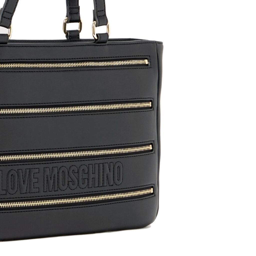 Black Embossed Tote Bag with Gold Zipper Accents