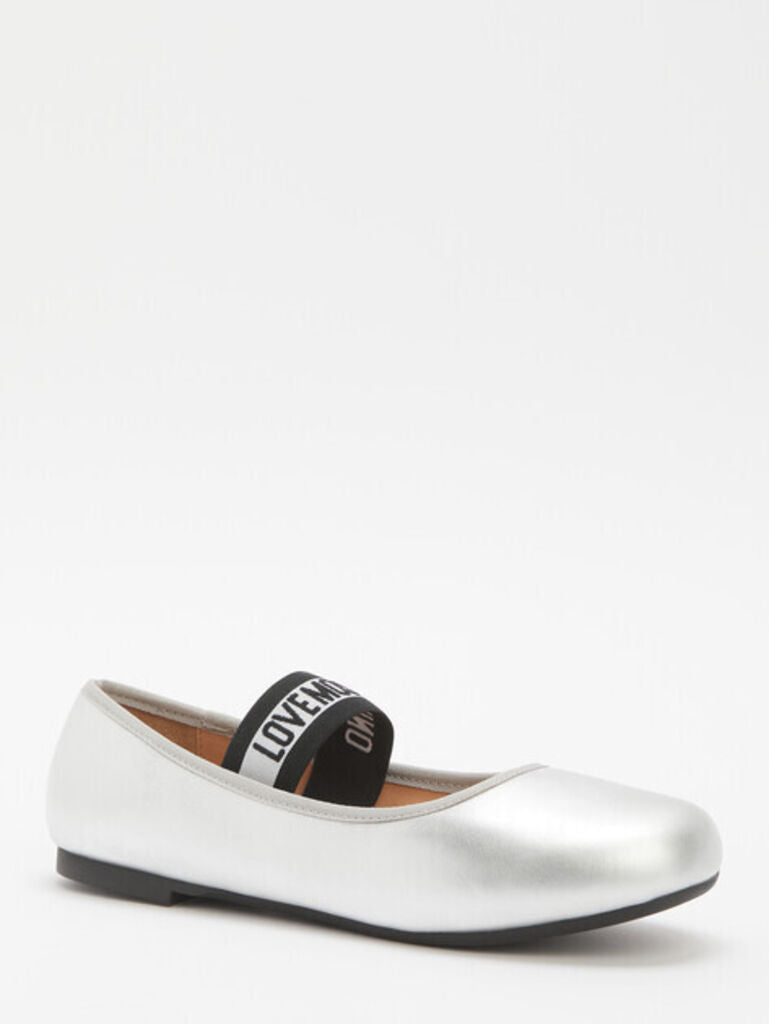 Silver Glossy Ballet Flats with Elastic Strap